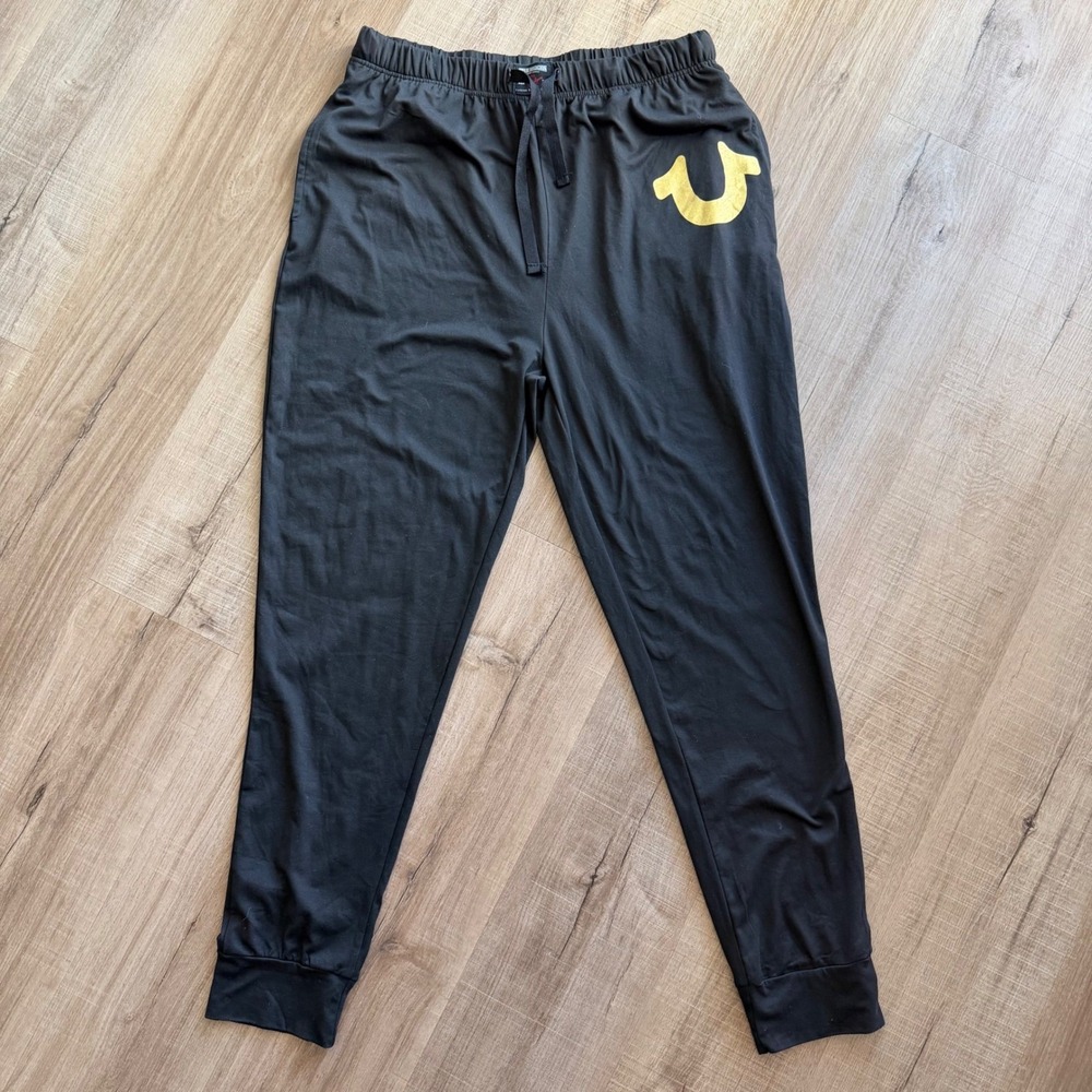 True Religion Mens Black Gold Horseshoe Logo Loungewear Jogger Pants M 32-34